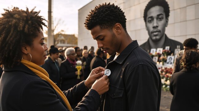 A woman pins a memorial button on a young man during an outdoor vigil, with mourners and a large portrait in the background, expressing grief and remembrance.