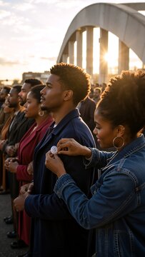 Diverse people stand together outdoors at sunset near a modern bridge, facing forward in a quiet moment of solidarity, community, and support.