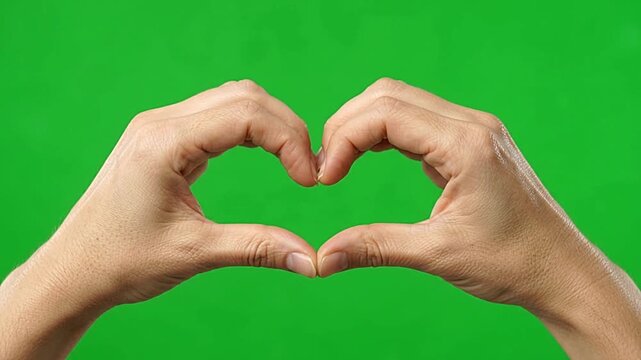 Human hands forming a heart-shaped gesture against vibrant green screen background for creative digital media production and motion video project