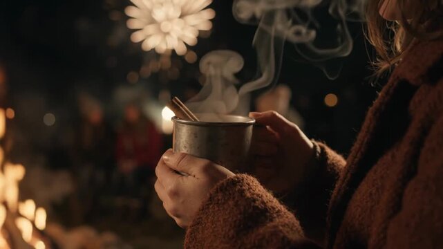 Cozy mulled cider by bonfire light on chilly evening with steaming cup in hands near fire. Cozy atmosphere creates warmth as friends gather around. Concept of Guy Fawkes Night celebration.