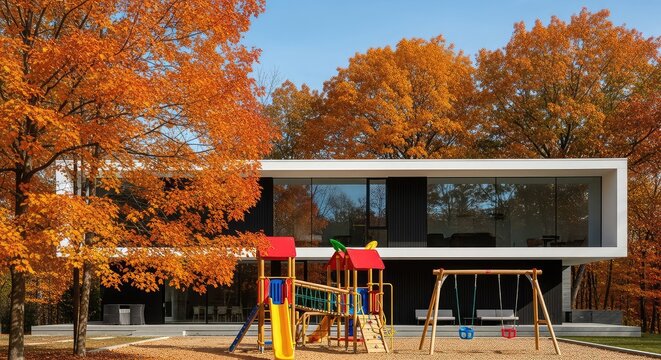 A modern home featuring a vibrant outdoor playground nestled among brilliant deciduous trees with rich orange and gold autumn foliage, outdoor, residential, bright