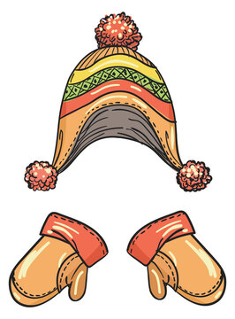 Winter hat and mittens color sketch. Kid clothes