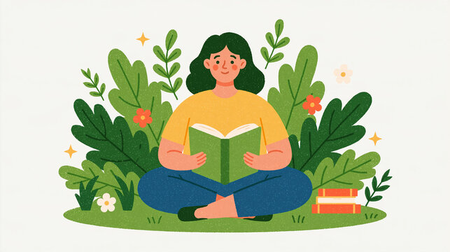 Outdoor reading concept faceless young woman figure viewed from behind relaxing and reading a book surrounded by nature calm leisure accents european figure accents bright clean minimal