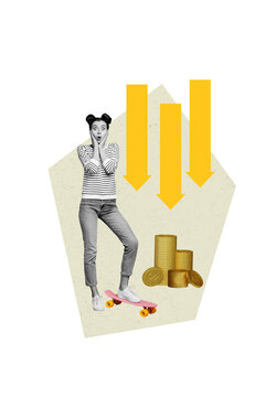 Vertical photo collage of astonished businesswoman arrow pointer down problem coin inflation dollar loss isolated on painted background