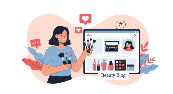 Beauty blogger shows makeup brushes and cosmetics while filming an online video tutorial for her social media blog followers.