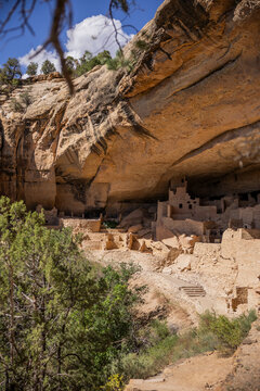 Ancient Ancestral Puebloan Cliff Dwellings and Scenic Valley Landscape in Mesa Verde National Park, Colorado, USA