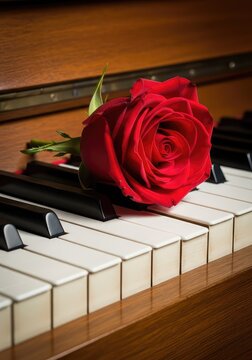 A single red rose sits elegantly upon the ivory and ebony keys of a vintage wooden piano, creating a moody and romantic atmosphere for art, sentimental, wooden, classical