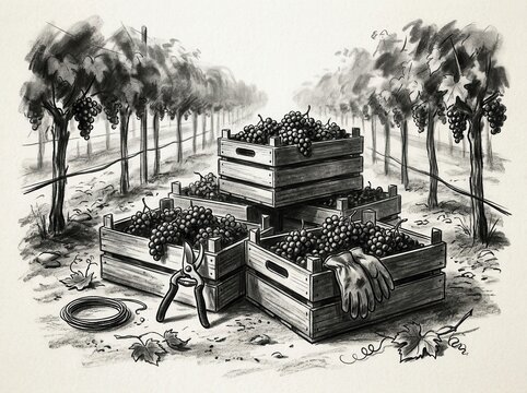 Viticulture harvest with grape crates in a vineyard sketch