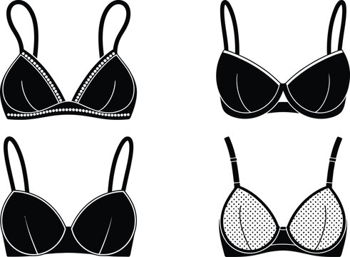 Set of four different black and white brassiere silhouettes featuring various styles including polka dot patterns and lace trim details on white background