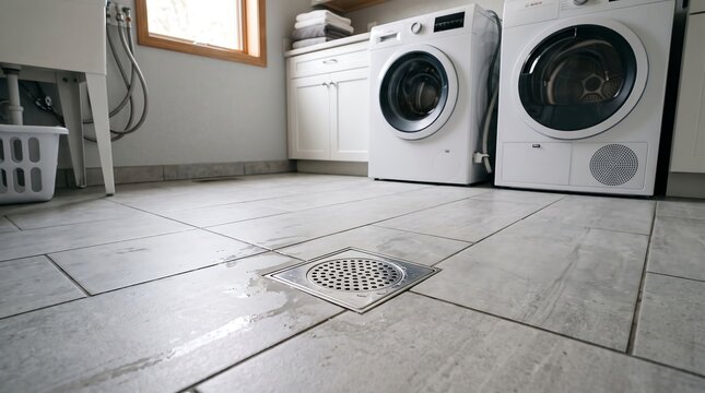 Small round metal floor drain in tiled laundry room with washing machine and dryer in background showing residential drainage management solution