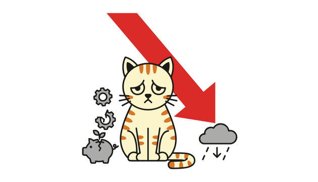Sad striped cat sitting with red downward arrow, cracked piggy bank and rain cloud representing financial loss.
