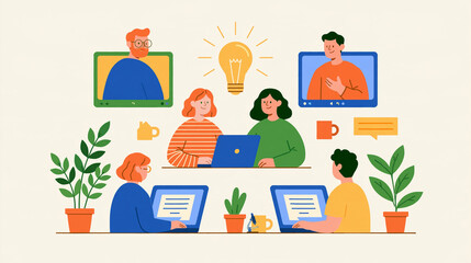 Fototapeta premium Online social connection concept faceless figures viewed from behind on laptop screens during a group video call cozy home gathering accents bright clean minimal background soft