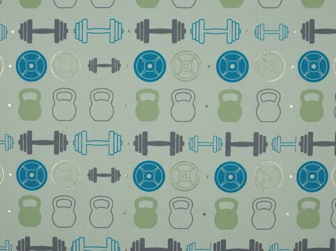 Fitness Wallcovering with Dumbbell and Kettlebell Repeat Pattern