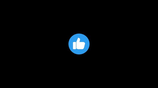 Animated symbol of like button popping on black screen.