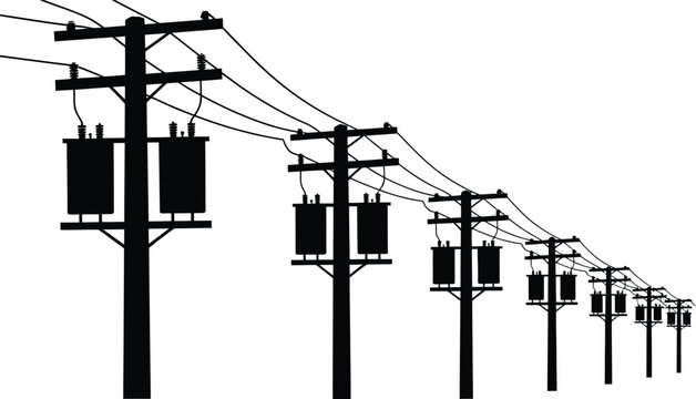 Perspective view of a row of wooden utility poles with electrical transformers and power lines stretching into the distance on a plain white background