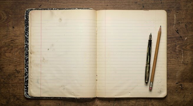 Overhead view of open vintage lined composition notebook on wooden desk. Blank aged paper pages with pen and pencil copy space