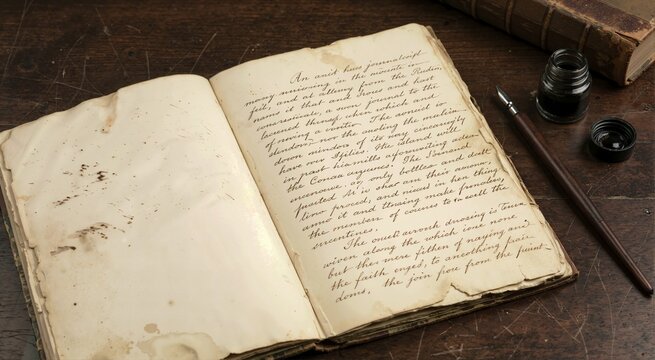 Antique open manuscript with handwritten cursive text and dip pen. Vintage diary book with ink bottle on wooden desk