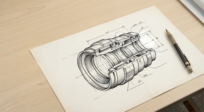 Technical ink drawing of camera lens cross-section on paper. Vintage engineering sketch with drafting pen on desk