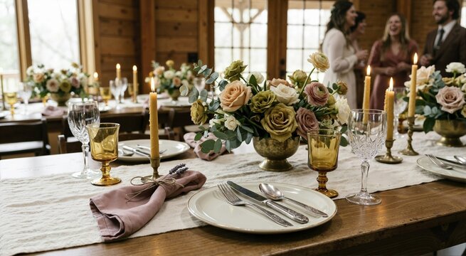 Vintage silverware and floral arrangement on rustic wedding reception table. Elegant banquet dining setting