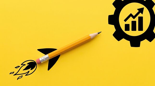 Pencil designed as rocket launching toward growth gear icon on bright background with Pencil rocket shape points upward near gear symbolizing upward progress growth concept creative tool trajectory