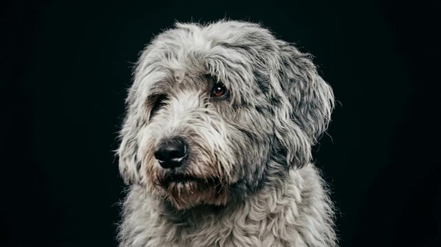 old english sheepdog close up isolated on black background video