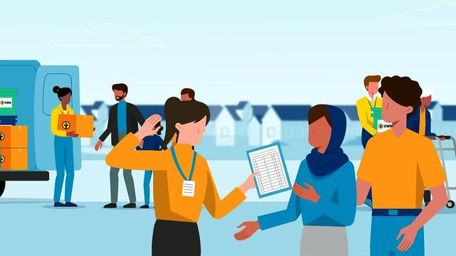 Delivery worker hands over supplies from a van in this animated video motion footage showing community support and humanitarian aid