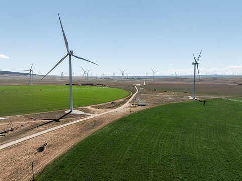 Aerial View of Wind Farm and Center-Pivot Irrigated Fields in Rural Montana, USA