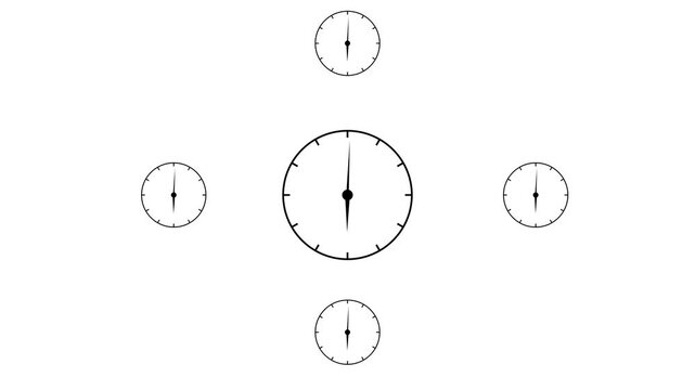 Multiple analog clocks rotating in sync on a minimal white background