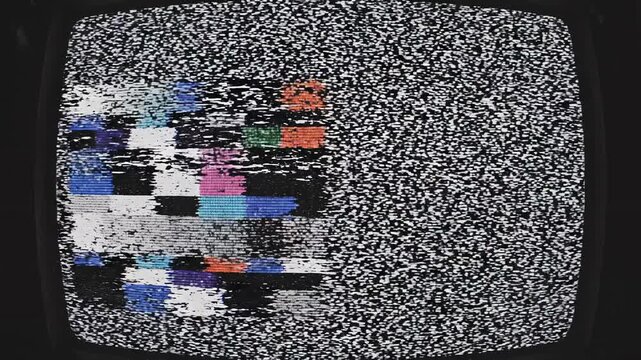 Television static and color bars test pattern sequence during analog signal breakdown