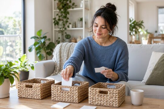 Adult woman with ADHD planning a manageable household task. Woman sorting items into baskets at home