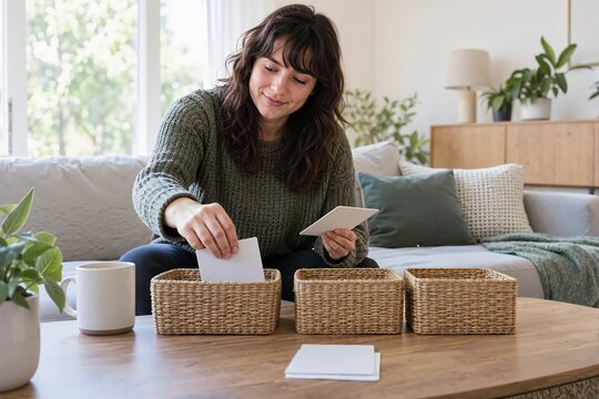 Young woman organizing blank white cards into woven baskets on a coffee table. Autistic adult planning manageable household tasks in a bright living room. Neurodiversity and daily routine concept