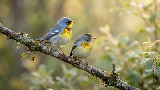 two northern parulas close up at morning light in everglades national park florida usa video