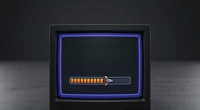 Retro computer monitor displaying pixel art loading screen. Old crt display with rocket spaceship progress bar