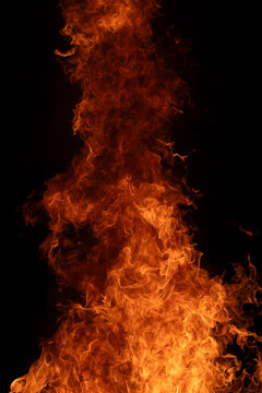 Blazing fire flames burn with intense heat. Fire effect from burning wood. Fire pattern with swirling flame effects. Glowing fire with bonfire embers.