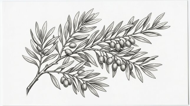 Detailed botanical sketch shows olive branch with leaves and fruit. Hand-drawn lines capture natural texture and form. Olive tree elements display mature growth and ripeness