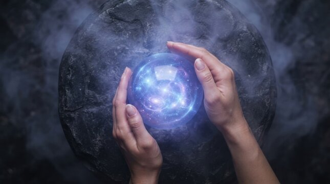 Hands Holding Mystical Crystal Ball with Cosmic Swirls
