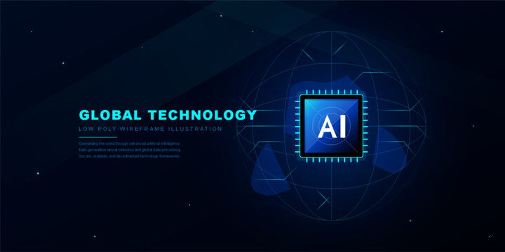 Global technology low poly wireframe illustration with ai processor chip and decentralized data network