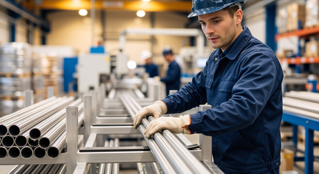 Industrial worker stacking metal pipes on storage rack in workshop. Factory technician handling steel tubes