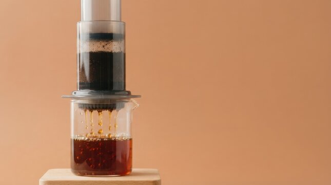 Coffee Brewing Process with Press on Wooden Base