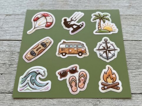 Travel stickers sheet with summer beach and camping icons
