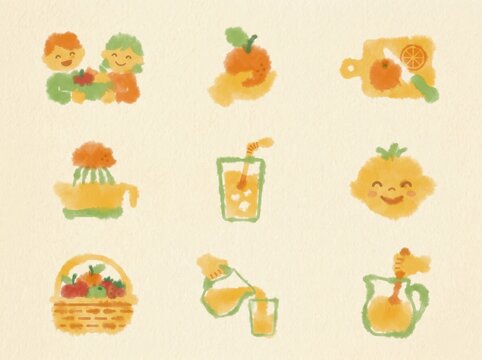 Playful watercolor fruit icons for summer drink and snack design
