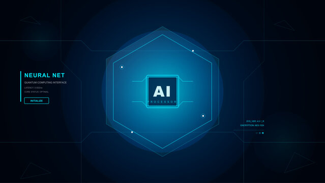 Futuristic ai processor interface with neural network quantum computing technology and digital data visualization