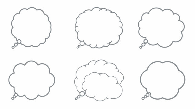 Set of hand drawn thought bubbles and cloud shaped speech balloons in outline style.