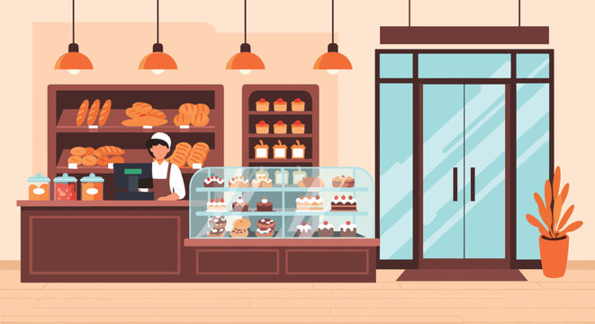 Cozy bakery shop interior with shelves of fresh bread, a display glass case filled with cakes, and a friendly cashier behind the counter.