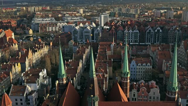 Aerial Panoramic of Historic Gdansk Cityscape with Church Spires