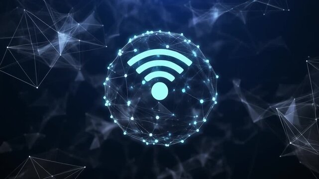 Digital network sphere with glowing Wi-Fi symbol in abstract dark background with cinematic motion