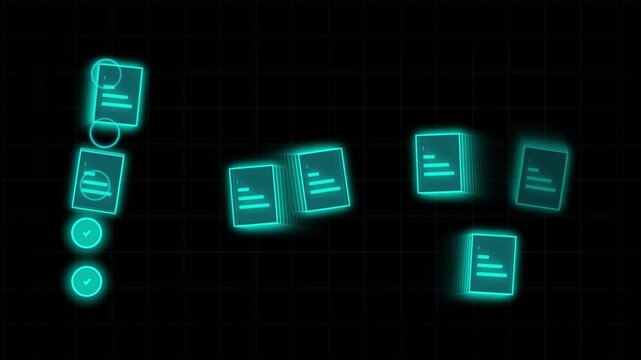 Digital document workflow animation: neon glowing files moving on grid background, transfer