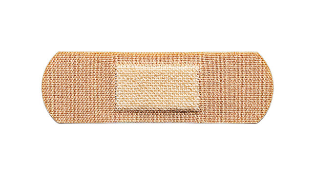 A single adhesive bandage strip isolated on a solid black background for medical and healthcare design concepts