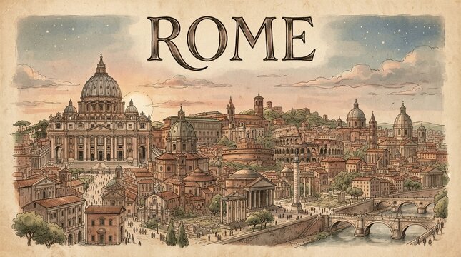 Ancient Rome sprawls beneath a soft, golden sky. Domes and temples rise above cobblestone streets. Vibrant hues paint the city's timeless grandeur. Crowds move through narrow lanes and bridges below