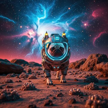 An intrepid pug wearing a futuristic space suit explores a rocky alien terrain under a vibrant glowing nebula and swirling cosmic dust clouds, extraterrestrial, orbital, pug